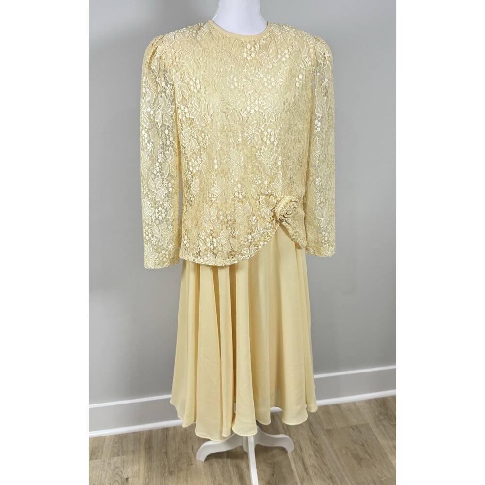 Vintage In The Mood 14 Mother Bride Groom Formal 2 Pc Lace Midi Dress Yellow